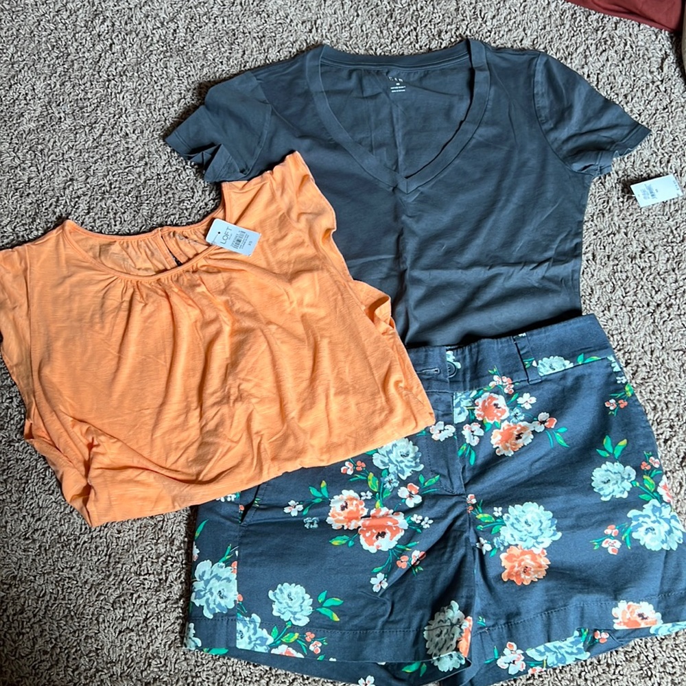 2 NWT shirts (loft and gap) and loft shorts
